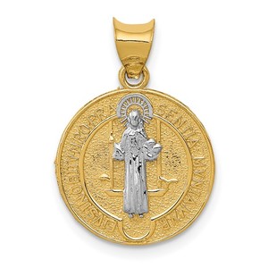 14k With Rhodium Circle St  Benedict Medal Pendant