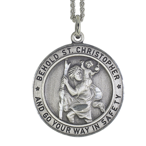 Antique Pewter Saint Christopher Safety Medal w  24 inch Chain