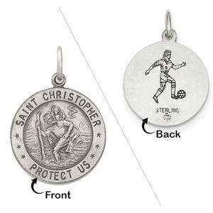 Sterling Silver Saint Christopher Double Sided Soccer Round Religious Medal