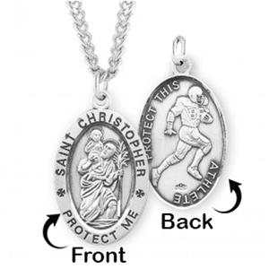 Sterling Silver Saint Christopher Double Sided Football Oval Religious Medal w  Chain
