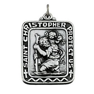 Sterling Silver Antiqued Rectangle Saint Christopher Religious Medal