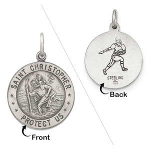 Sterling Silver Saint Christopher Double Sided Football Round Religious Medal