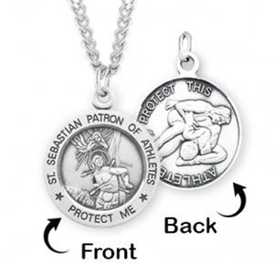 Sterling Silver Saint Sebastian Sided Wrestling Round Religious Medal w  Chain