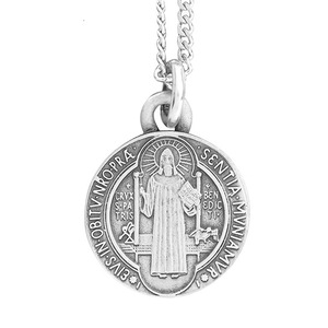 Antique Pewter Saint Benedict Medal w  Continuous Curb Chain