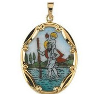 14K Gold and Porcelain Saint Christopher Medal