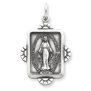 Sterling Silver Miraculous Religious Medal Antiqued Rectangle Pendant