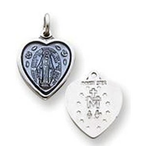Sterling Silver Petite Heart Shaped Miraculous Religious Medal Pendant w  Epoxy Resin