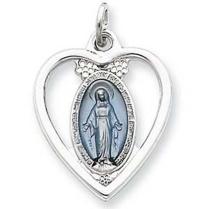 Sterling Silver Heart Shaped Cut Out Miraculous Religious Medal Pendant w  Epoxy Resin