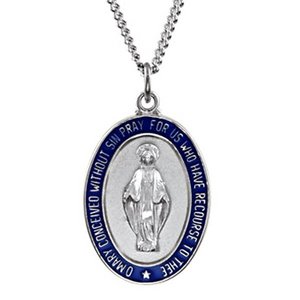 Sterling Silver Miraculous Medal With Blue Enamel