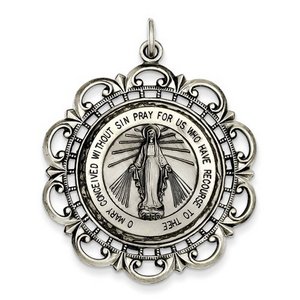 Sterling Silver Miraculous Medal Antiqued Scalloped Round Pendant