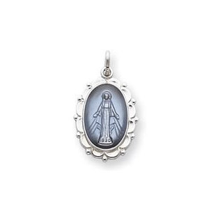 Sterling Silver Scalloped Oval Miraculous Religious Medal Pendant w  Epoxy Resin