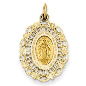 14K Yellow Gold Miraculous Medal Fancy Border Oval Pendant