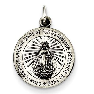 Sterling Silver Antiqued Petite Round Miraculous Religious Medal Pendant Charm