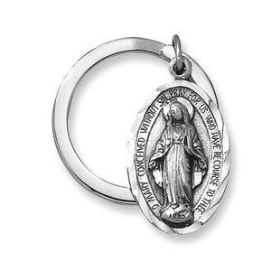 Miraculous Medal Pewter Religious Oval Keychain