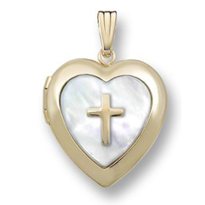 Solid 14K Yellow Gold Mother of Pearl Cross Heart Photo Locket