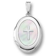 14k White Gold Oval Mother of Pearl Cross Locket