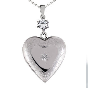 Sterling Silver Floral Heart Photo Locket with Cubic Zirconia Accent