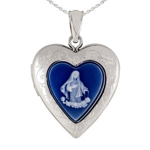 Sterling Silver Mother Blue Cameo Heart Photo Locket