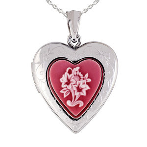 Sterling Silver Pink Floral Cameo Heart Photo Locket