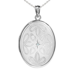 Sterling Silver Floral Oval Photo Locket with Cubic Zirconia