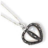 Sterling Silver Marcasite & Mother of Pearl Heart Locket w/ 18 Chain