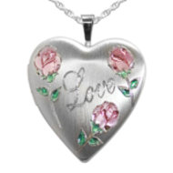 Sterling Silver Love Rose Heart Locket with Pink and Green Enamel