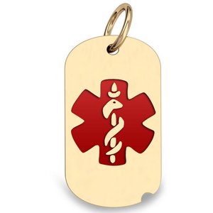 14k Yellow Gold Medical ID Dog Tag Charm or Pendant with Red Enamel