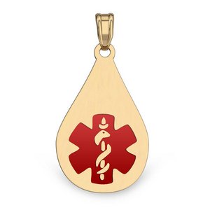 14k Yellow Gold Medical ID Teardrop Charm or Pendant with Red Enamel