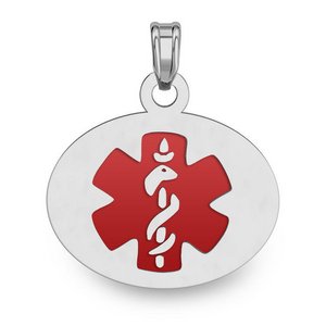 Sterling Silver Medical ID Oval Charm or Pendant with Red Enamel