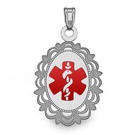 14K White Gold Oval Medical Pendant W Red Enamel