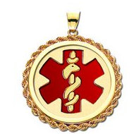 EZ 14 karat Gold Rope Round Medical Pendant W/ Red Enamel