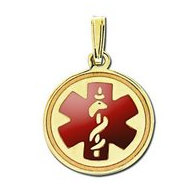 14K Filled Gold Round Medical Pendant With Red Enamel