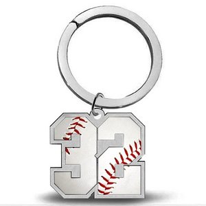 Sterling Silver Baseball Number   Stainless Steel Key Ring with 1 or 2 Digits