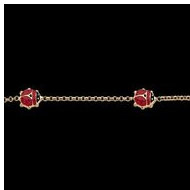 14K Yellow Gold 6"Red Enamel LadyBug Bracelet