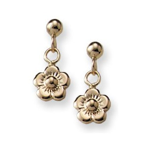 14K Yellow Gold Children s Post Earrings with Dangling Flower