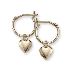 14K  Yellow Gold Children s Hoops with Dangling  Hearts Earrings