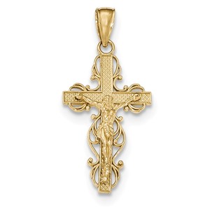 14K Gold Polished Crucifix w lace Trim Pendant