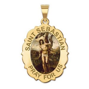 Saint Sebastian   Scalloped  Oval Religious Medal  Color EXCLUSIVE 