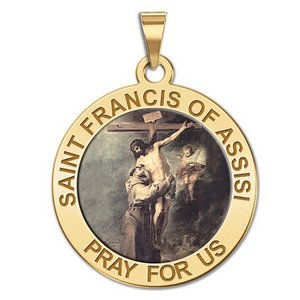 Saint Francis of Assisi Round Religious Medal   Embracing Christ  Color EXCLUSIVE 