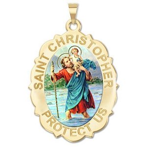 Saint Christopher Scalloped OVAL Religious Medal   Color EXCLUSIVE 