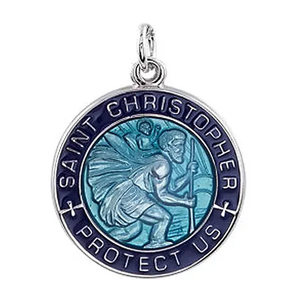 Sterling Silver Saint Christopher Religious Medal with Blue Enamel