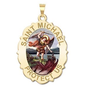 Saint Michael Scalloped OVAL Religious Medal   Color EXCLUSIVE 