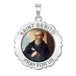 Saint Benito Scalloped Round Color Religious Medal