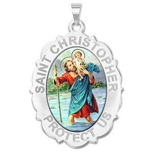 Saint Christopher Scalloped OVAL Religious Medal   Color EXCLUSIVE 