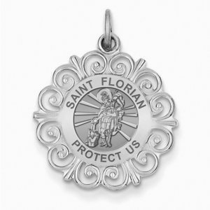 Saint Florian Round Filigree Religious Medal   EXCLUSIVE 