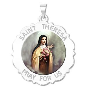 Saint Theresa Scalloped Round Religious Medal  Color EXCLUSIVE 