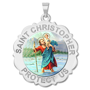 Saint Christopher Scalloped Round Religious Medal    Color EXCLUSIVE 