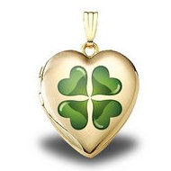 14K Yellow Gold Green Four Leaf Clover Sweetheart Locket
