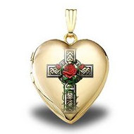14K Yellow Gold Celtic Cross With Rose Sweetheart Locket