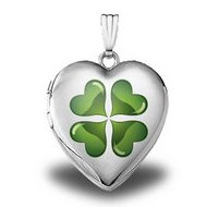 14K White Gold Green Four Leaf Clover Sweetheart Locket